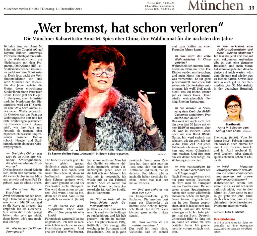 "Wer bremst, hat schon verloren" im Münchner Merkur am 11.12.2012 / Interview: Peter T. Schmidt